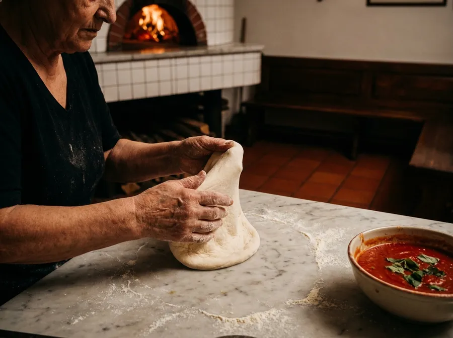 Floured hands stretching pizza dough on marble